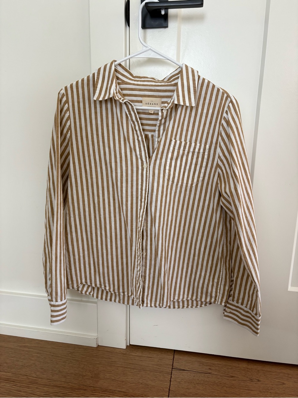 Sezane Tomboy Brown and White Striped Button-Down Shirt